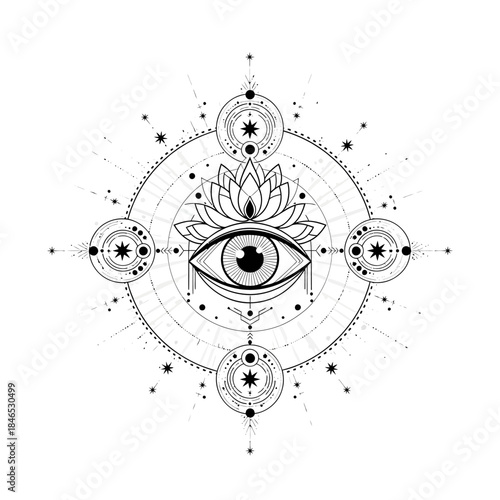 Esoteric Symbolism The All-Seeing Eye within a Sacred Geometry Mandala with Lotus Flower and Celestial Elements