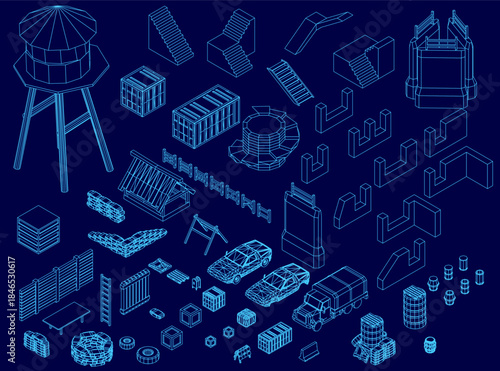 A low poly pack of isometric map assets, including a water tower, arranged on a clean blue background for game design or presentations. Isometric view