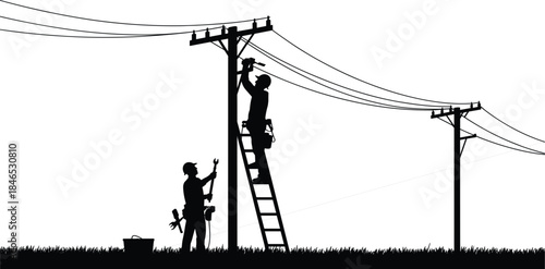 Electricians working on power lines with ladder and tools on white background Keywords: electrician, power line, utility pole
