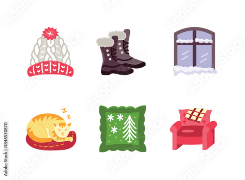 Simple Set of Cozy Winter Related Colorful Icons. Contains Icons as Knitted Hat, Warm Boots, Snowy Window, Cat Sleeping, Soft Pillow, Armchair.