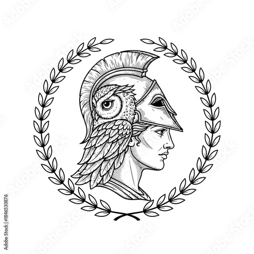 Illustration of a warrior's profile wearing a helmet adorned with an owl, framed by a laurel wreath, symbolizing wisdom and victory