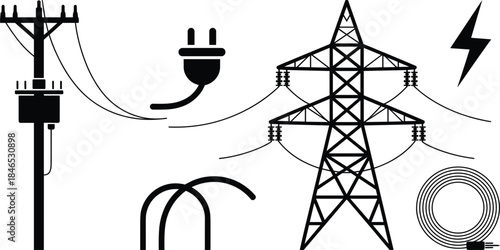 Electricity Power Transmission And Connection Elements Black Icons energy