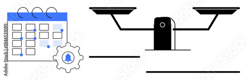 Time management, productivity, decision-making, work-life balance, task organization, business priorities. Calendar, balance scale and gear icon. Time management and productivity symbolism