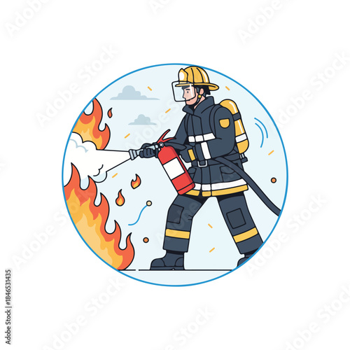 An illustration of a brave firefighter in full protective gear using a red fire extinguisher to put out flames