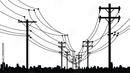 Overhead power lines stretching across a city skyline silhouette Keywords: power line, utility pole, electricity, wires, cables