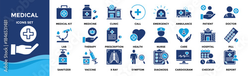 Medical icon set collection. an icon pack contain medical kit, doctor, nurse, hospital, clinic, health, patient, x-ray, sanitizer, therapy