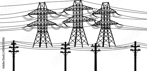 Power Line Towers and Electrical Wires Against White Background vector illustration