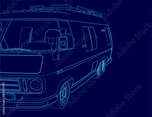 Blueprint of a recreational vehicle on a solid blue background, displaying the van's contour, wheels