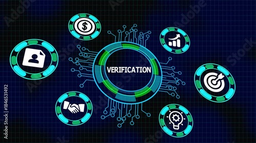Business verification and compliance concept with validation icons, digital process control, accuracy checking and data confirmation system.