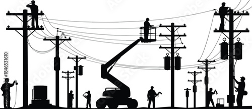 Silhouette of electricians working on power lines and utility poles Keywords: electrician, power line, utility pole, silhouette