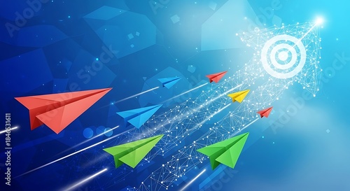 Colorful paper airplanes flying towards a target made of connected dots on a blue background