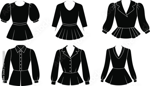 Six Black Silhouette Tops With Different Sleeve Styles And Necklines clothing fashion
