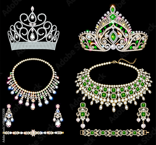 Illustration set of jewelry tiaras, necklace, earrings and bracelets with precious stones