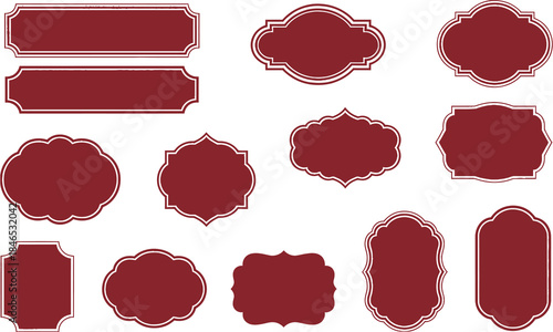 Vintage red labels with gold ornate frame and blank space, classic design perfect for premium product packaging, food and beverage branding