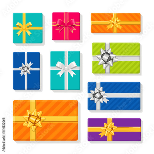 Collection of wrapped gift boxes with ribbons and bows in vibrant colors, top-down view on a white background