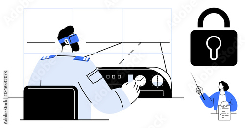 Pilot focused on cockpit controls, a lock as a security metaphor, instructor with notes explaining. Ideal for aviation, cybersecurity, training, safety, knowledge sharing, teamwork secure operations