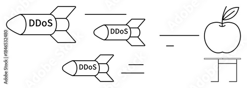 Cybersecurity, cyber threats, distributed denial of service, data defense, internet vulnerabilities, network attacks. Visual with labeled missiles and symbols for impact. Cybersecurity and online