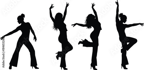 Stylized silhouettes of four women dancing in high heels, expressive movement poses, rhythmic elegance, modern fashion, energetic female dance figures