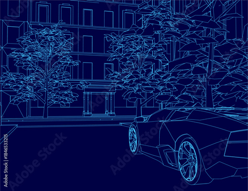 A blueprint contour of a high-performance sports car parked on a city road, with trees and a building in the background.