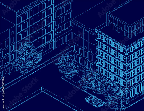 A symmetrical blueprint of a city street features tall building contours, a parked car, and trees against a blue background. Isometric view