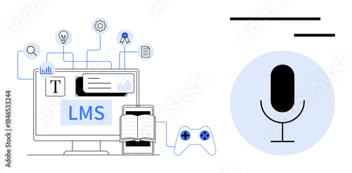 E-learning, online education, remote work, digital tools, interactive learning, gamification. Computer with LMS, book icons microphone and controller. E-learning and online education concept
