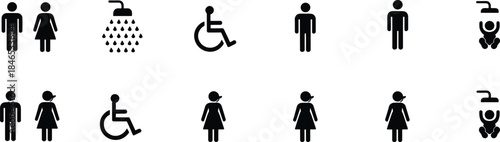 Collection of black silhouette icons for restrooms and facilities toilet bathroom