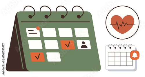 Desk calendar marked with checkmarks, user icon, and health tracking symbols thumbs up a heartbeat. Ideal for scheduling, planning, organization, time management, health tracking, goal setting