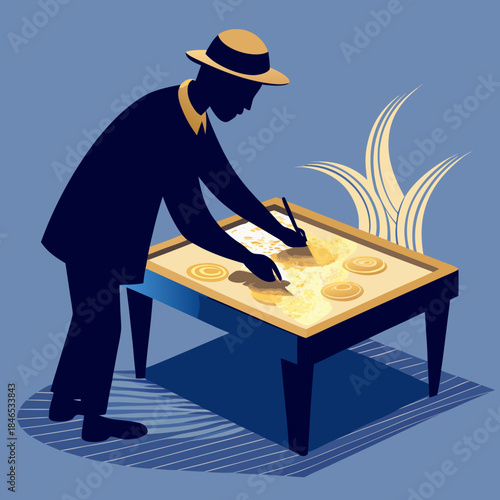 Person works on a wooden table with light-colored materials in a simple indoor setting during the daytime