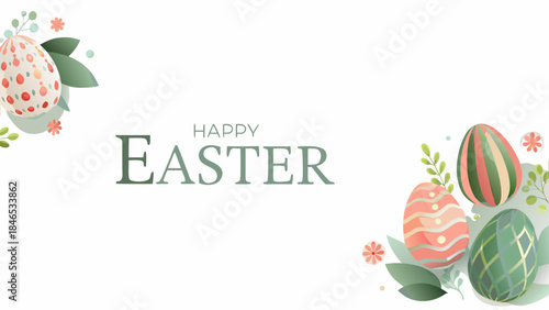 Happy Easter celebration with decorated eggs and floral elements