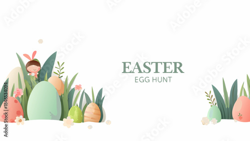 Joyful Easter egg hunt with cute bunny in colorful garden