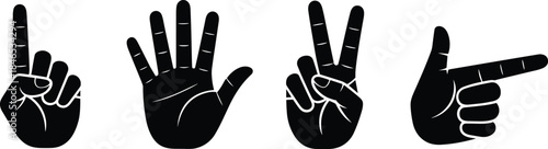 Four Black Silhouette Hand Gestures Showing Numbers and Direction icon
