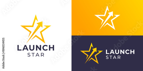 Launch star logo template. Star with arrow up graphic icons. Startup logo design vector illustration.