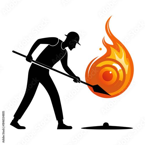 Worker using a shovel to manage fire in a workshop during daylight hours