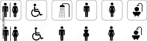 Set of Bathroom and Toilet Pictograms Including Men Women Disabled Shower and Bathtub icon