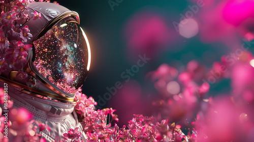 Pink and purple technology futuristic love alien warrior astronaut robot in a cyber suit and helmet, surrounded by flowers, love theme, fictional 3D character, generative AI.