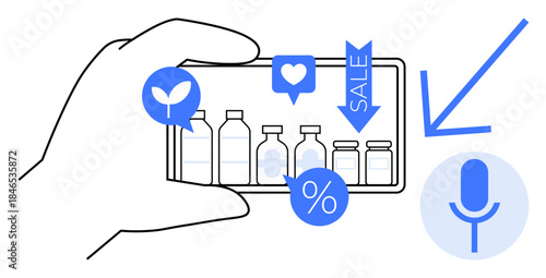 Online shopping, voice search, retail marketing, app development, user interface, e-commerce platforms. Hand holding smartphone with product icons, discount and voice command symbol. Online shopping