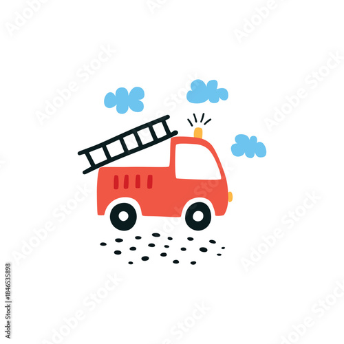 Childish fire truck doodle clipart with clouds