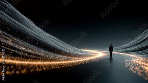 Silhouette of business leader overseeing glowing interconnected data streams and AI pipeline with exponential growth curve in gold and cyan high-tech futuristic scene