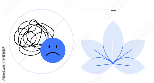 Sad face beside a chaotic tangled scribble, paired with a serene lotus flower. Ideal for mental health, emotions, mindfulness, stress management, balance, healing self-care. Simple flat metaphor