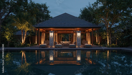 Tranquil holiday destination featuring a private swimming pool and a sophisticated architectural pavilion under a dark clear night sky.