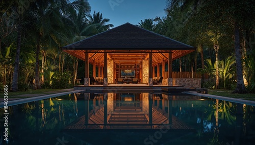 Beautiful evening view of a high-end vacation home with a symmetrical design and soft outdoor lighting in a tropical setting.