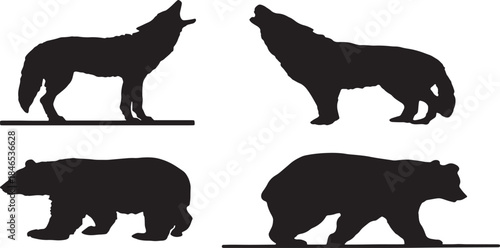 Silhouettes of wolves howling and bears standing against a white background