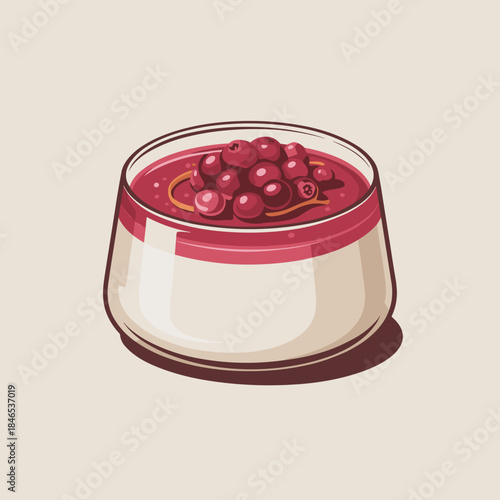 Elegant Cranberry Panna Cotta Dessert Vector with Ruby-Red Compote Topping – Perfect for sophisticated holiday menu designs, clean vector art, or festive dessert branding.