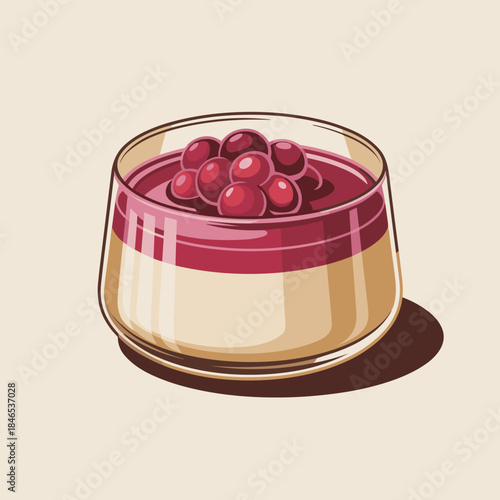 Cranberry Panna Cotta Dessert Vector with Glossy Cranberry Compote Layer – Suitable for simple yet elegant holiday advertisements, autumn recipe blogs, or seasonal graphics.