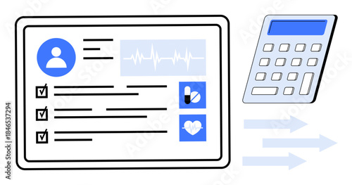 Healthcare management, digital record-keeping, telemedicine, health calculations, data analysis, health monitoring. Visual of a digital health record and calculator. Healthcare management and digital