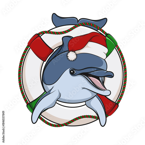 Color illustration with dolphin in red Christmas hat with life buoy. Isolated vector object on white background.