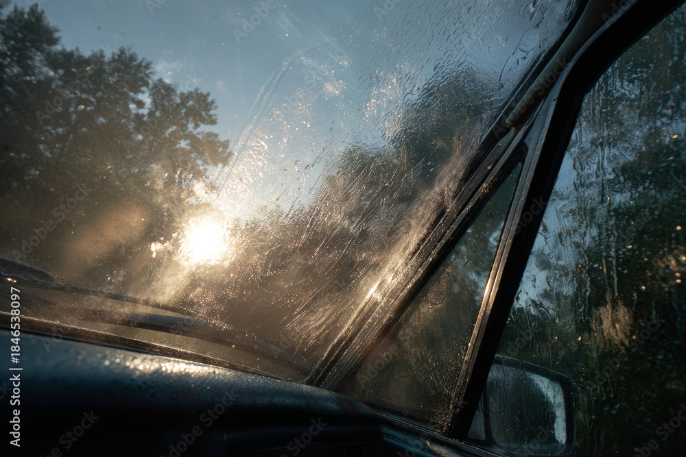 Fototapeta premium Close-up view of a car windshield with raindrops and water streaks during rainy weather at sunset