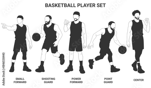 Set vector illustrations silhouette basketball player from various position. Bundle design basketball athlete with multi role formation. Professional sportsman cartoon.