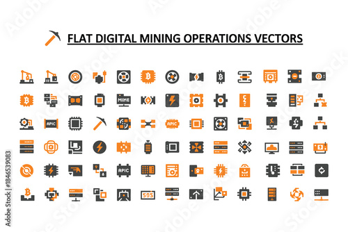 flat digital mining operations vectors icons set