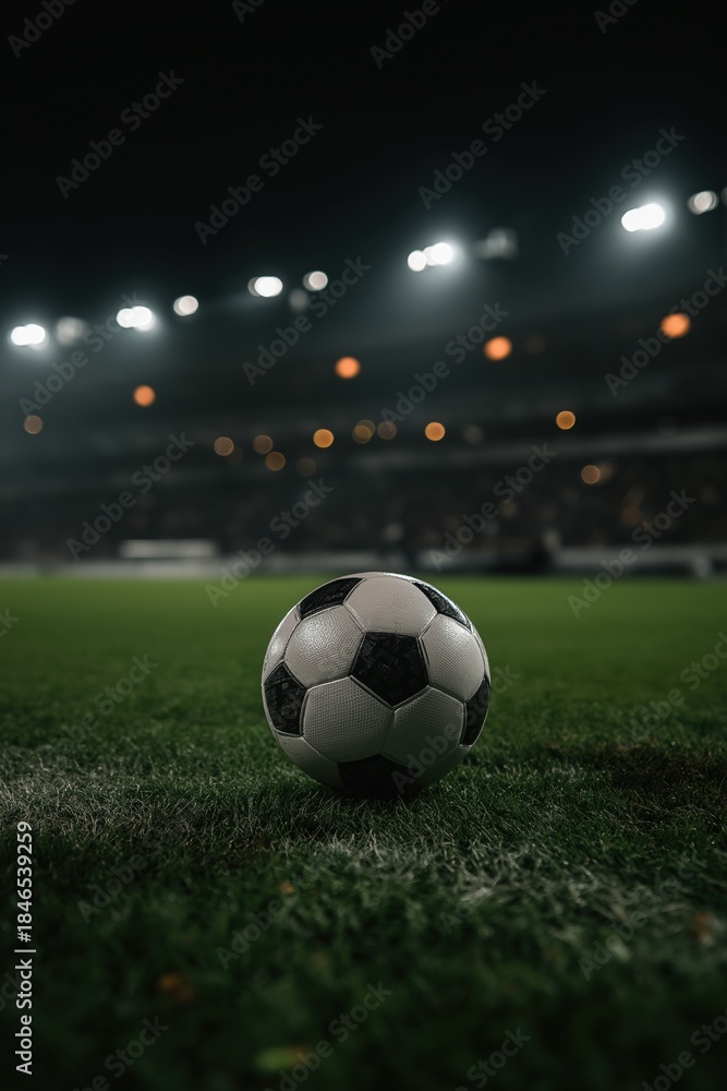 Obraz premium Classic black and white soccer ball on green grass field inside stadium at night, with bright stadium light illuminating scene